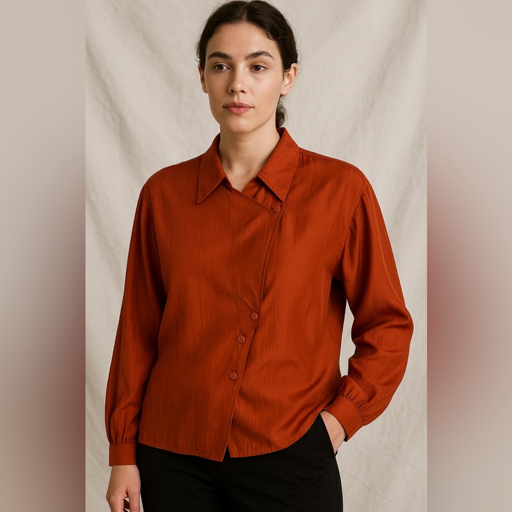 Vintage Yessica by C&A 100% Silk Rust Orange Asymmetrical Button Blouse (US 12)